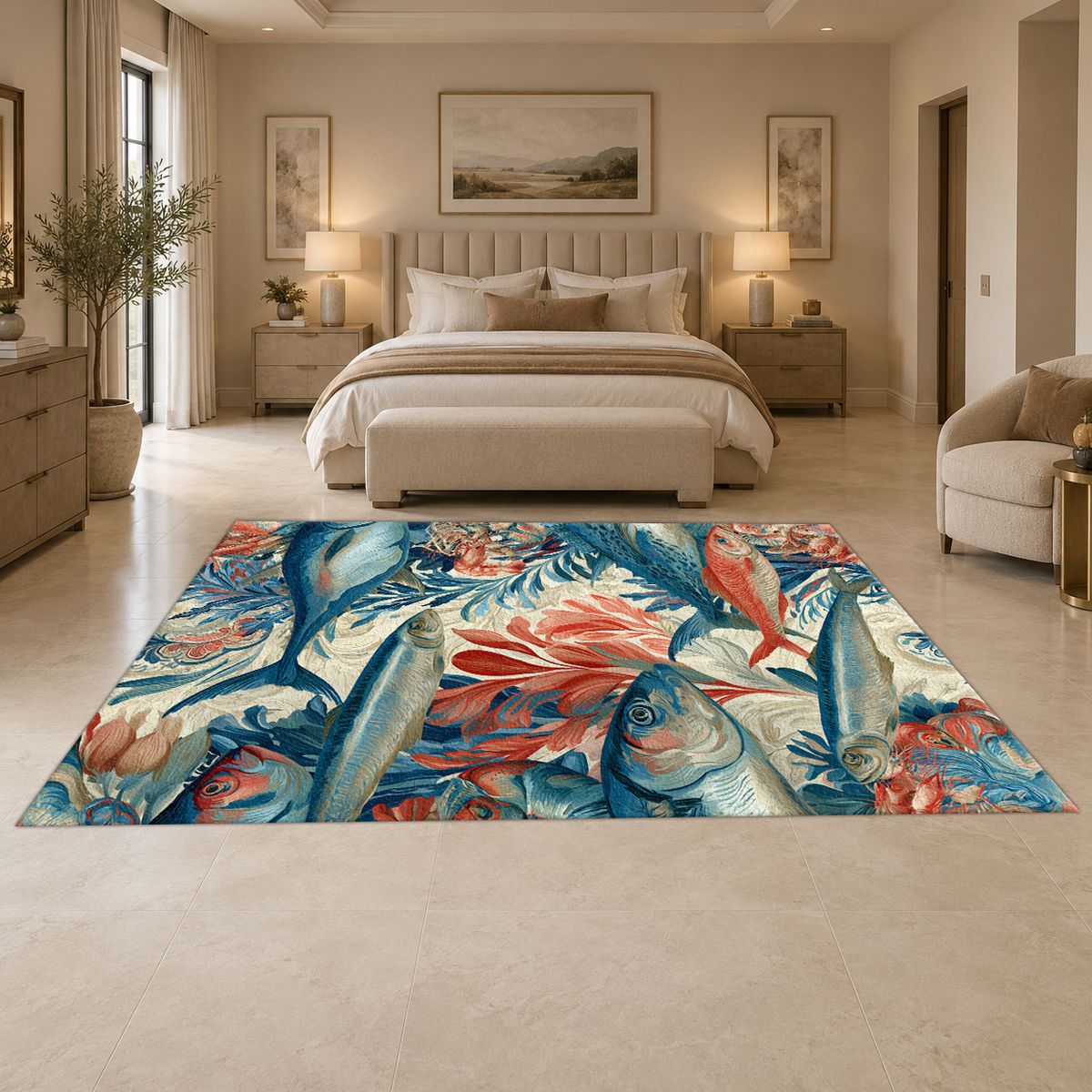 Coral and Blue Fish Pattern printed area rug