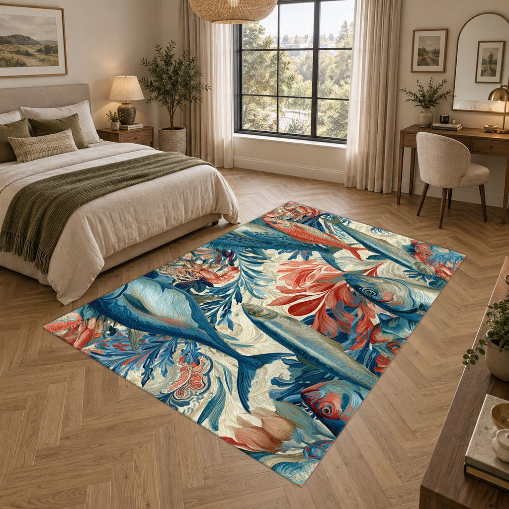 Coral and Blue Fish Pattern printed area rug