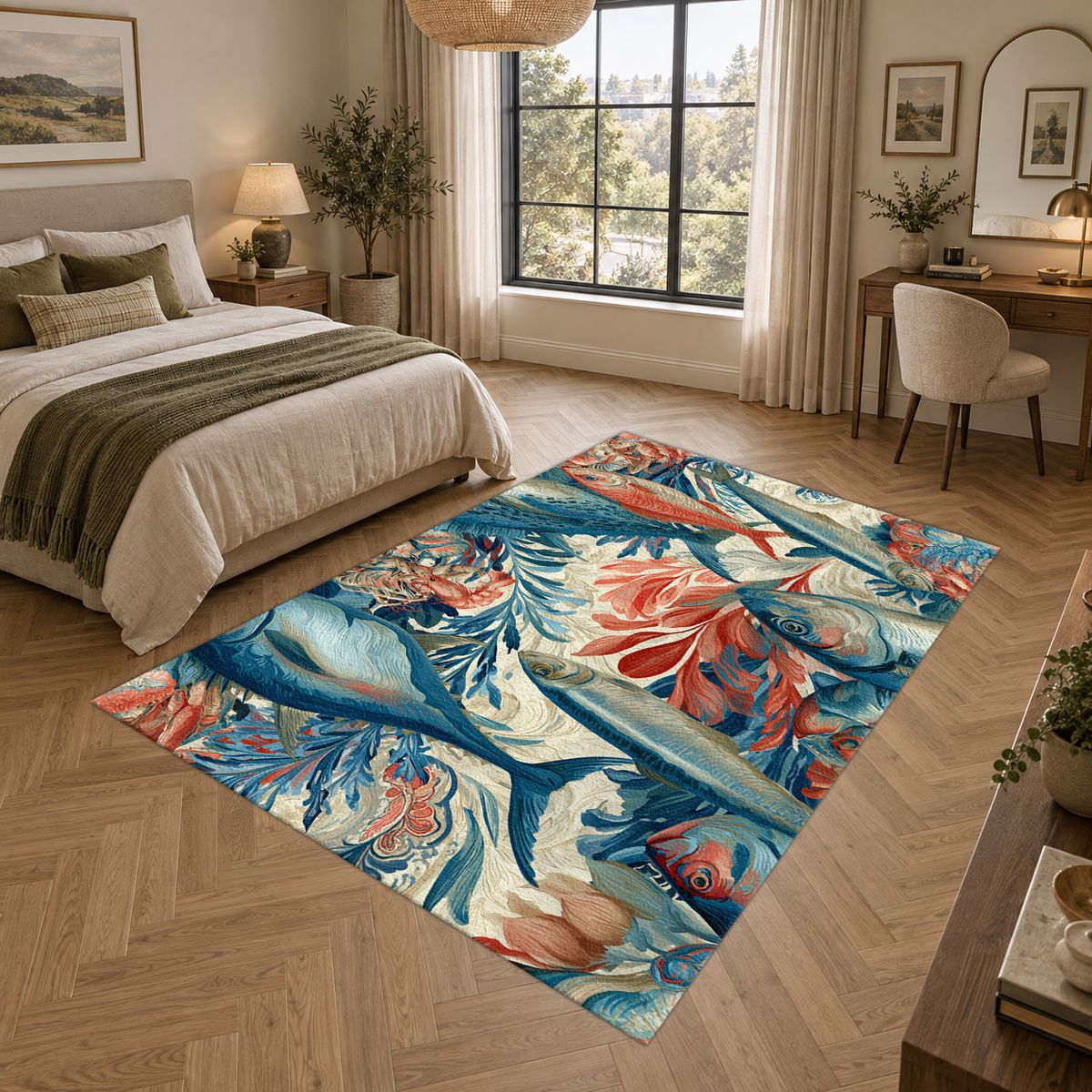 Coral and Blue Fish Pattern printed area rug
