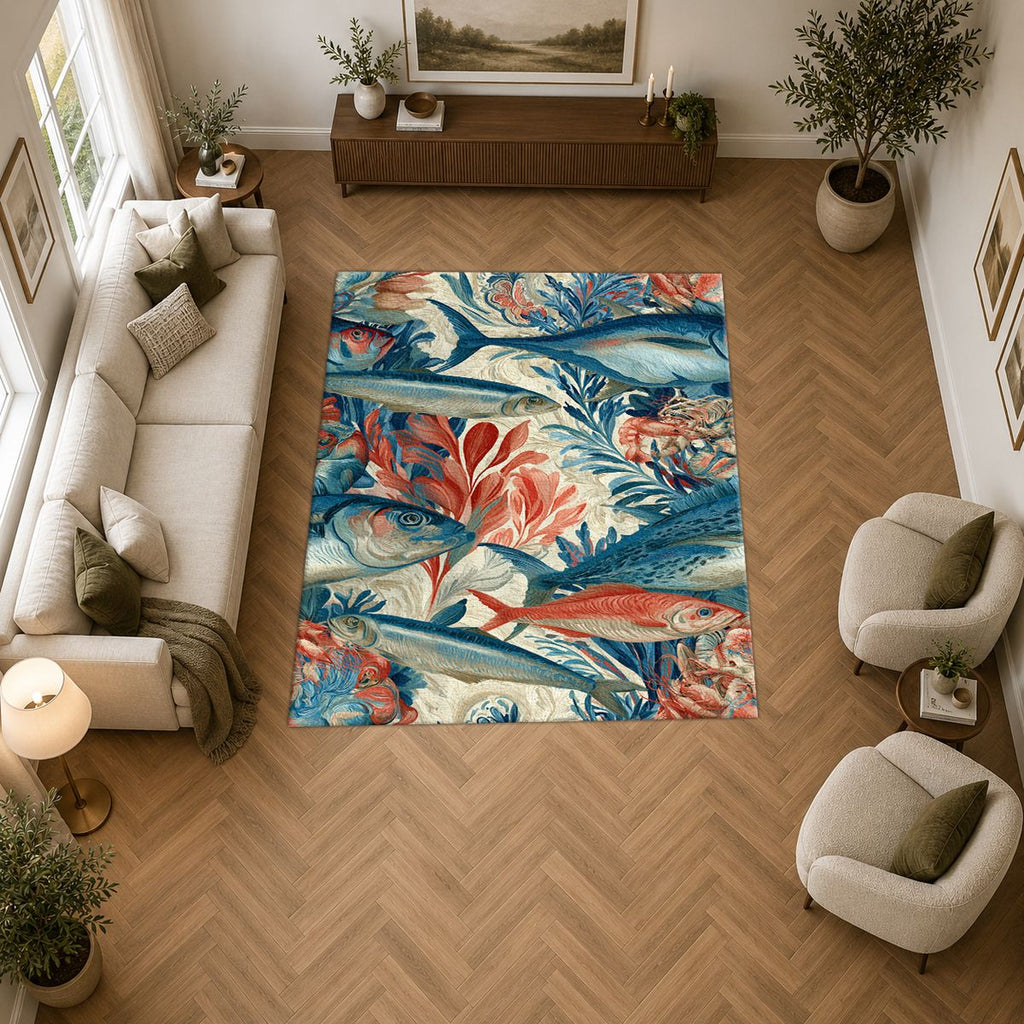 Coral and Blue Fish Pattern printed area rug