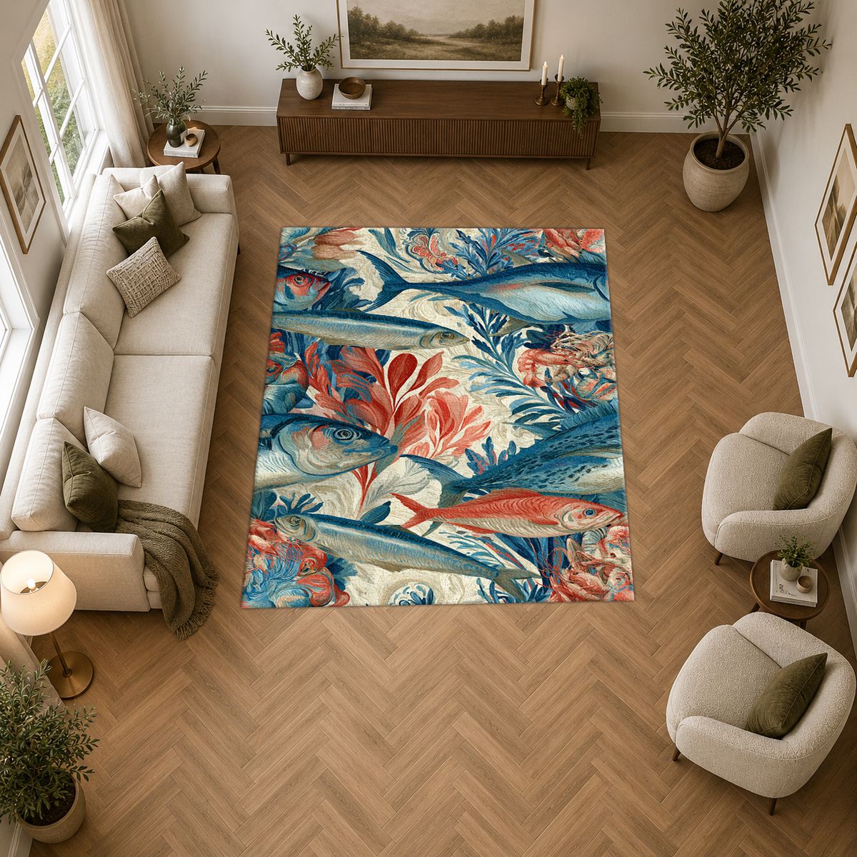 Coral and Blue Fish Pattern printed area rug