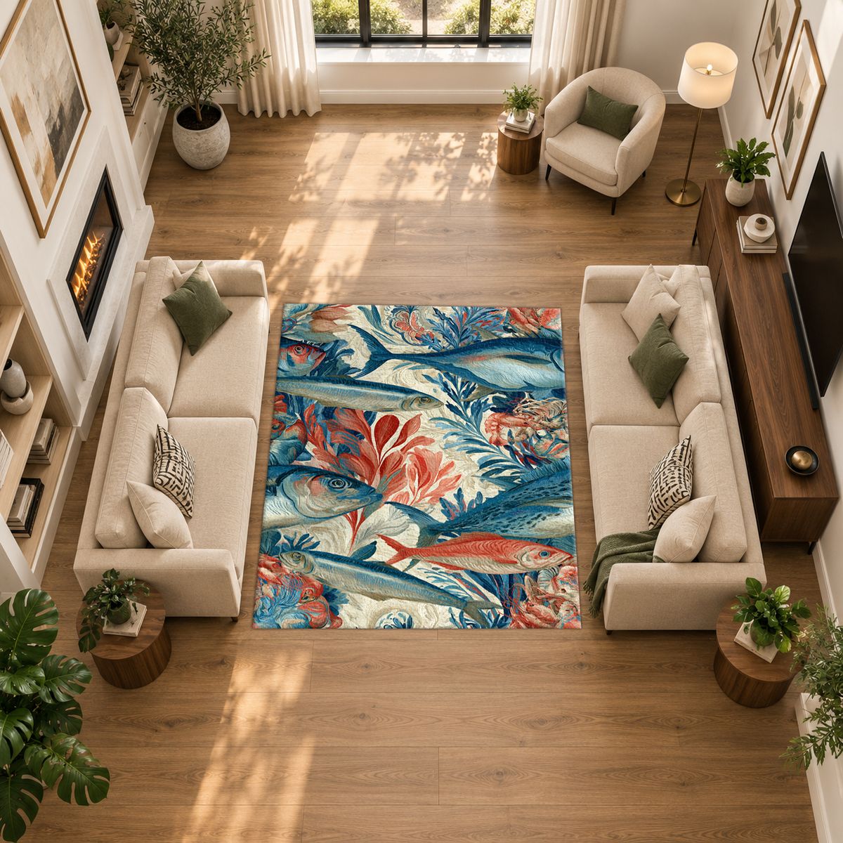 Coral and Blue Fish Pattern printed area rug
