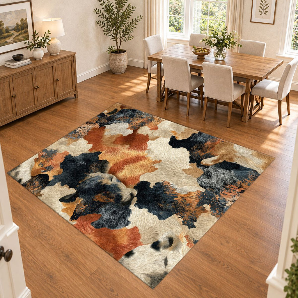 Rust and Cream Abstract Cowhide printed area rug