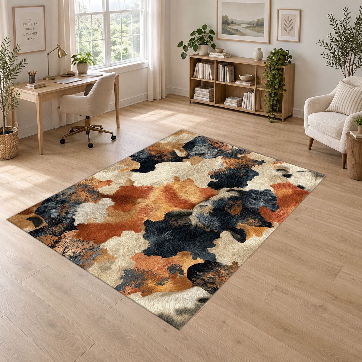 Rust and Cream Abstract Cowhide printed area rug