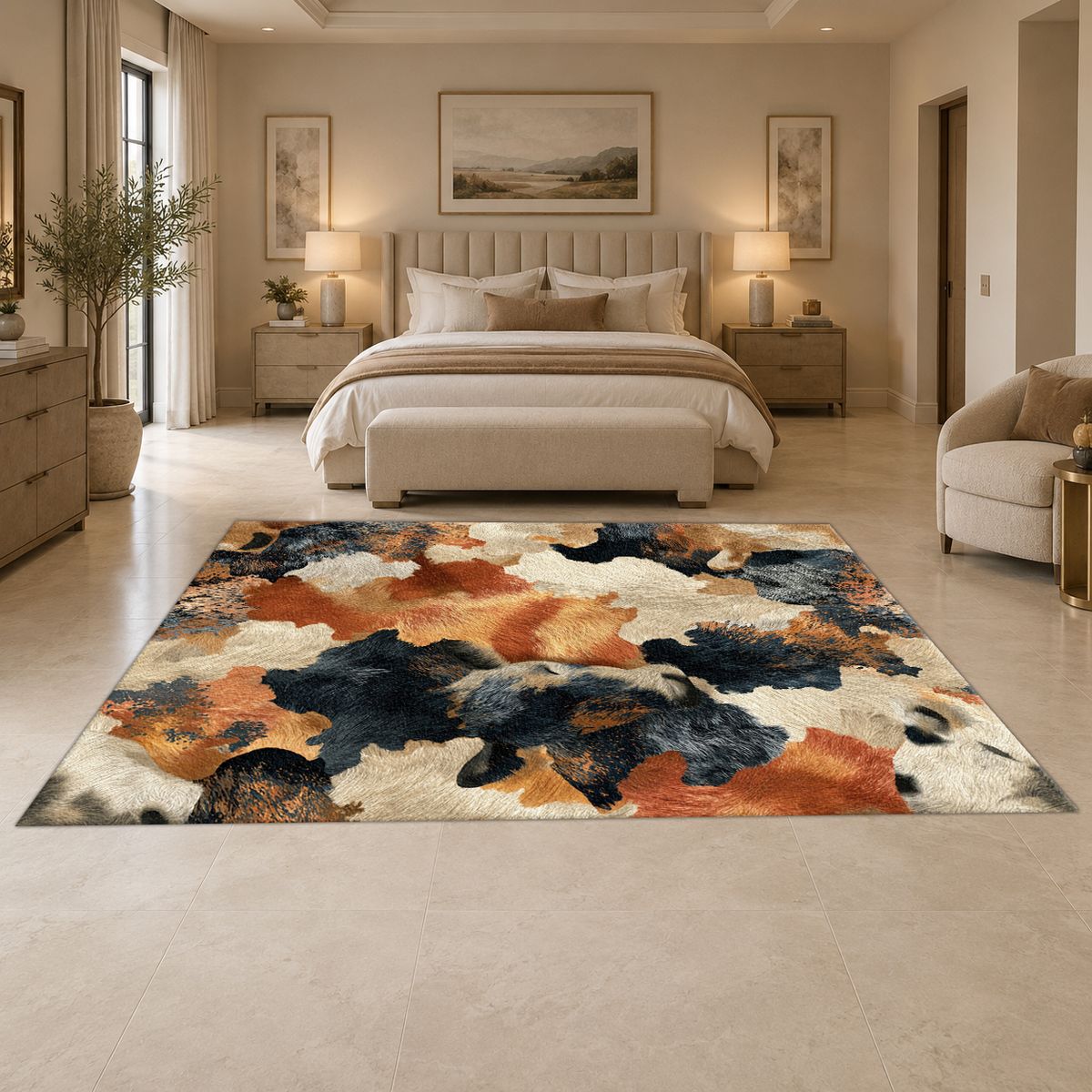 Rust and Cream Abstract Cowhide printed area rug