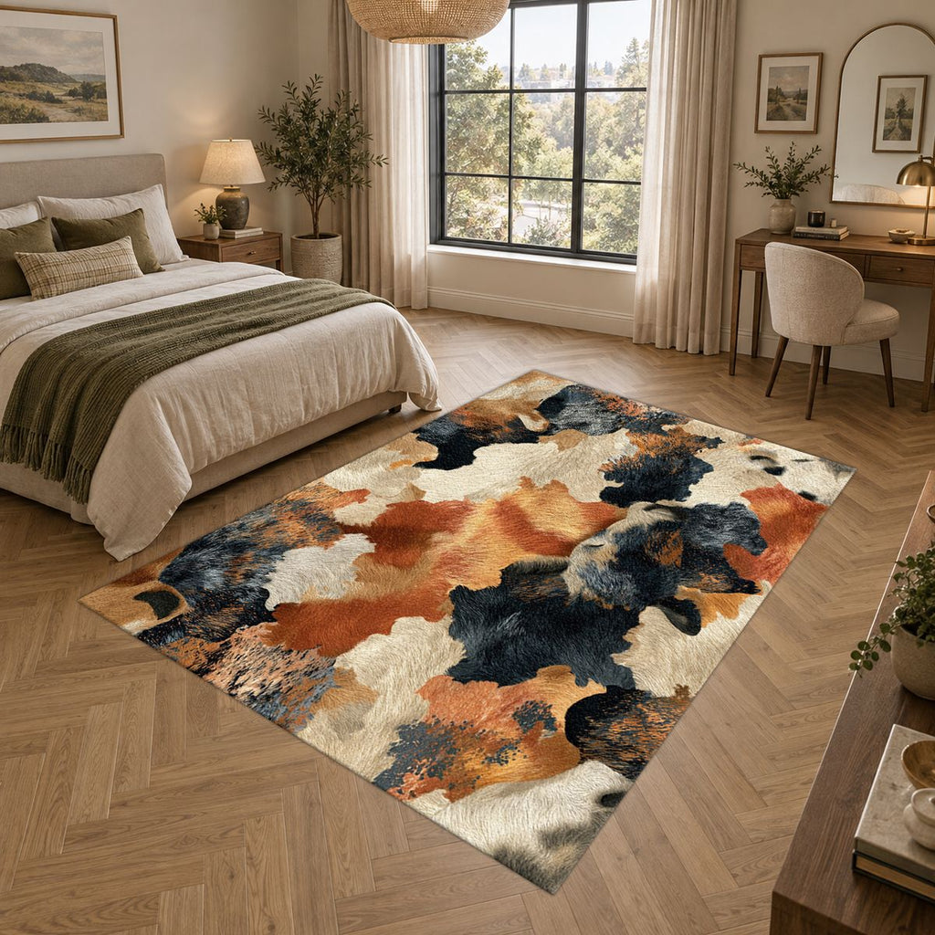 Rust and Cream Abstract Cowhide printed area rug