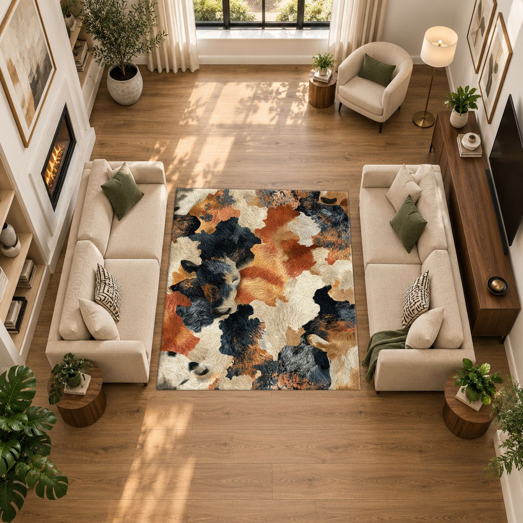Rust and Cream Abstract Cowhide printed area rug