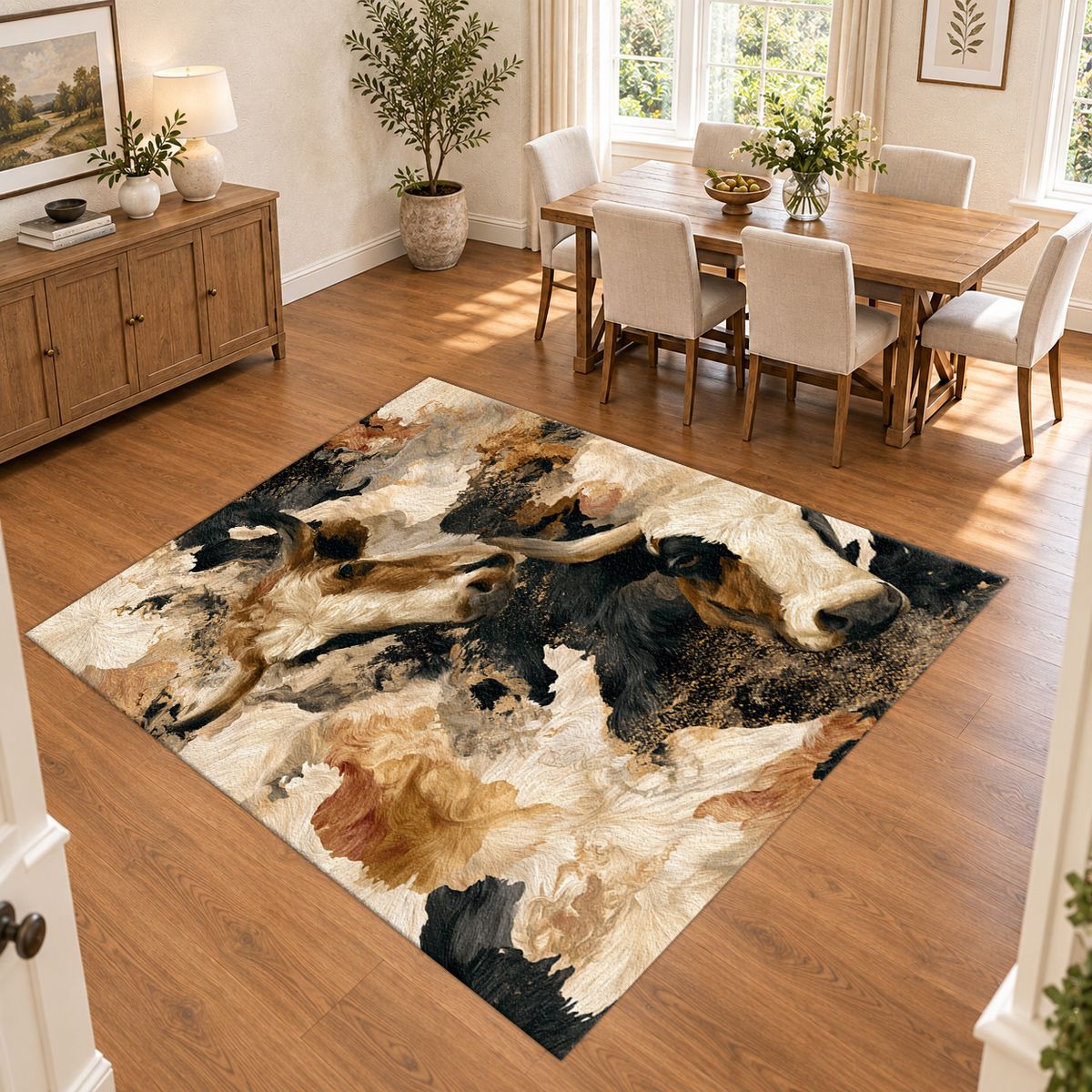 Black and Cream Bull Abstract printed area rug