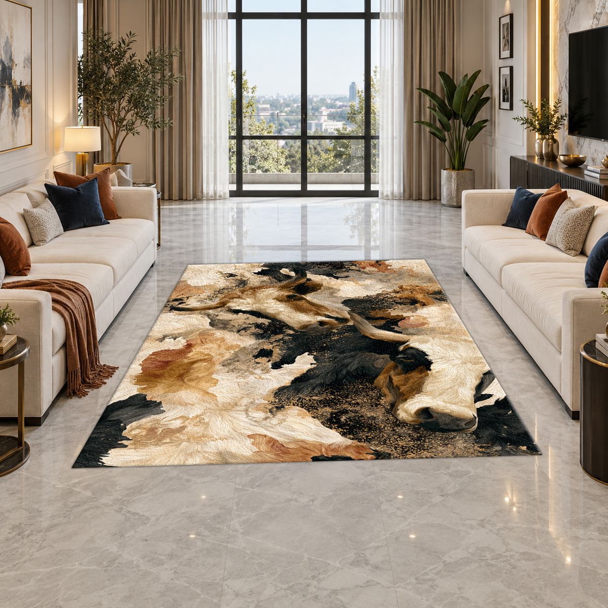 Black and Cream Bull Abstract printed area rug