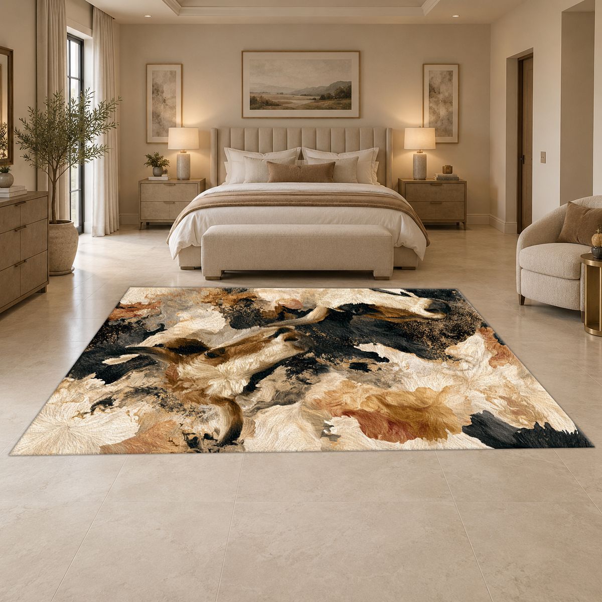 Black and Cream Bull Abstract printed area rug