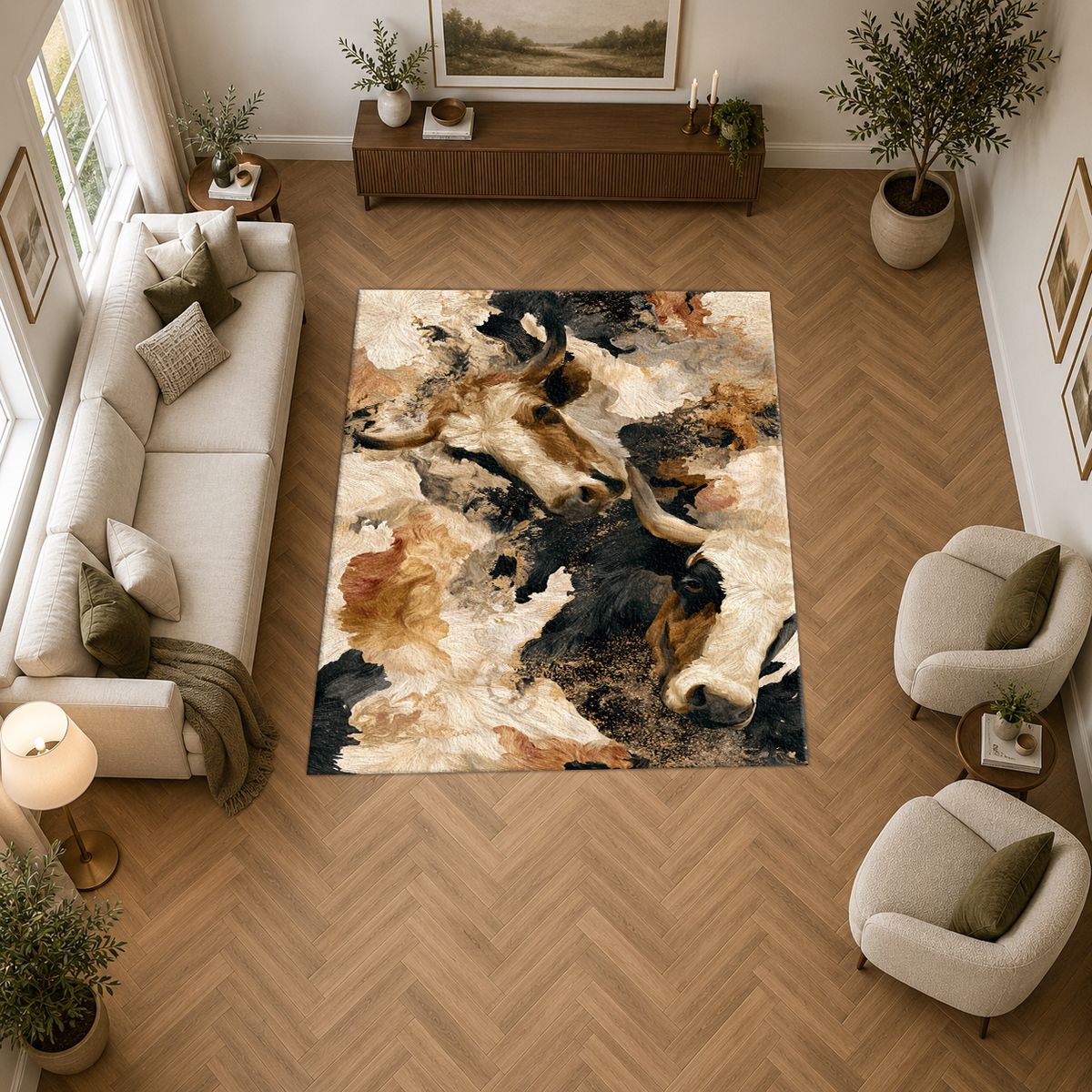Black and Cream Bull Abstract printed area rug