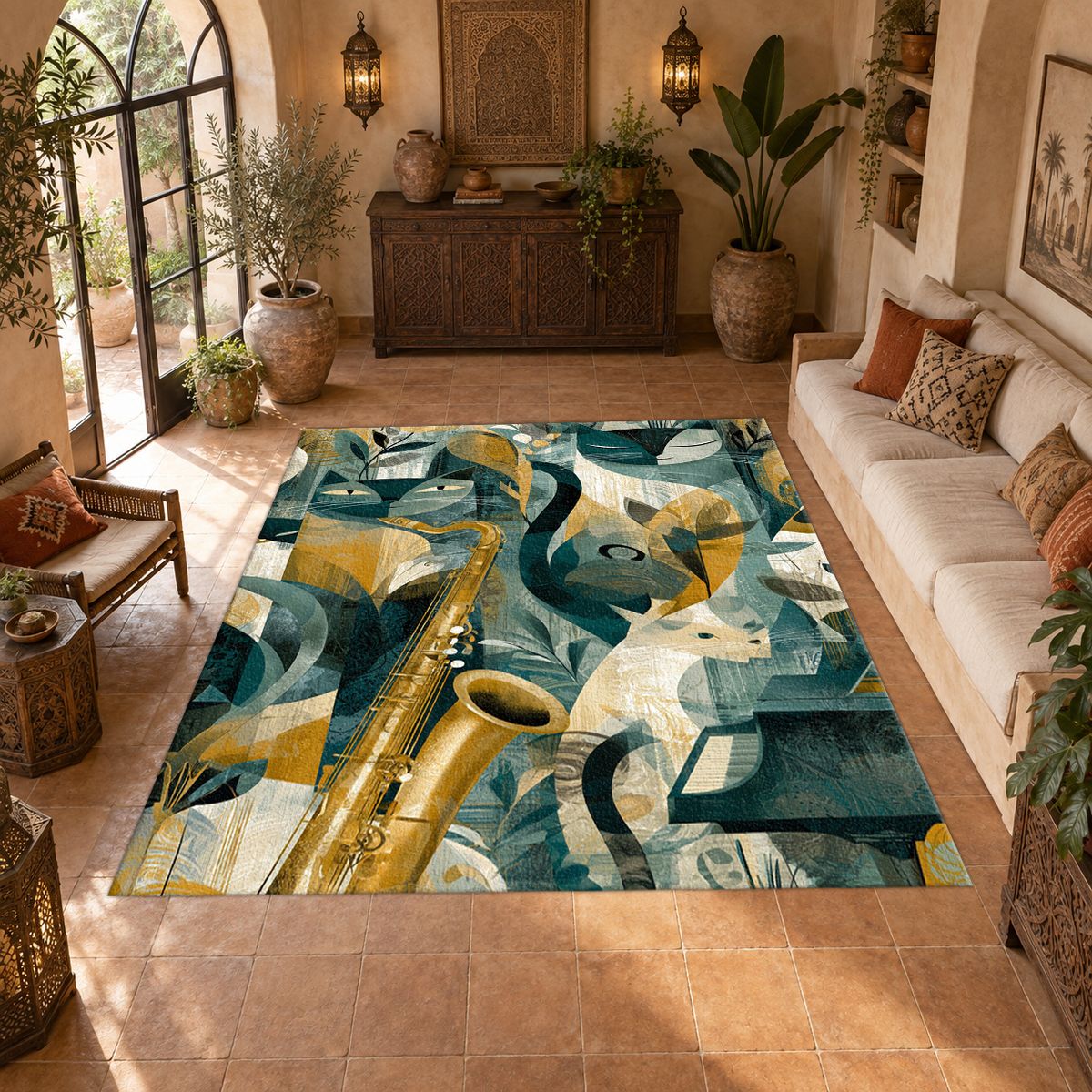 Jazz Saxophone Cat Cubist printed area rug