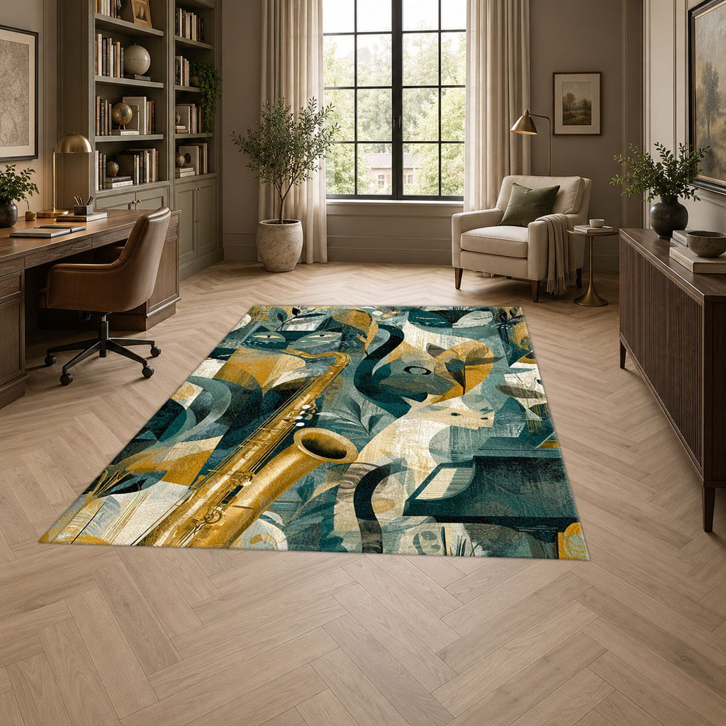 Jazz Saxophone Cat Cubist printed area rug