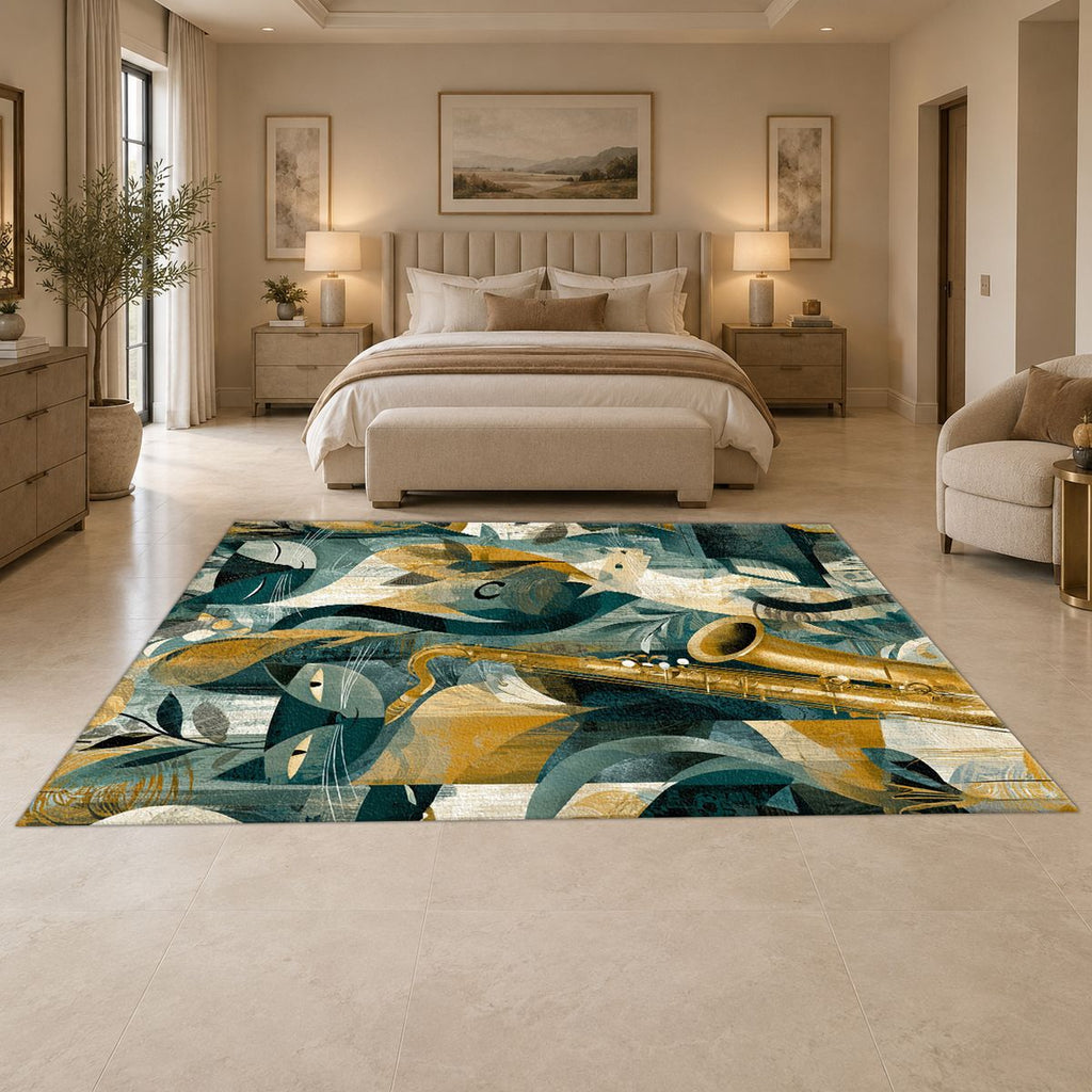 Jazz Saxophone Cat Cubist printed area rug