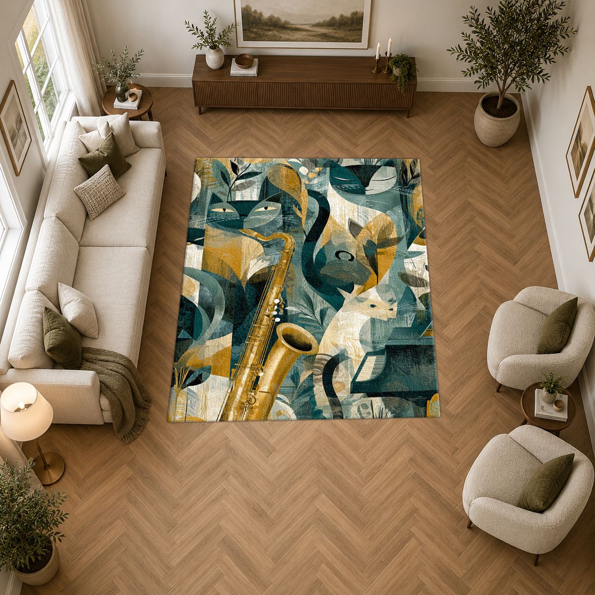 Jazz Saxophone Cat Cubist printed area rug