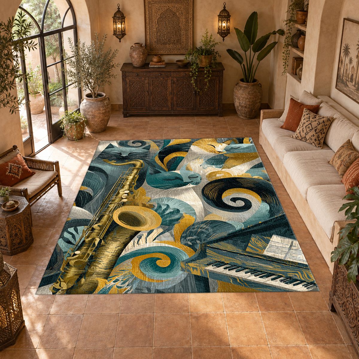 Jazz Music Instruments Abstract printed area rug
