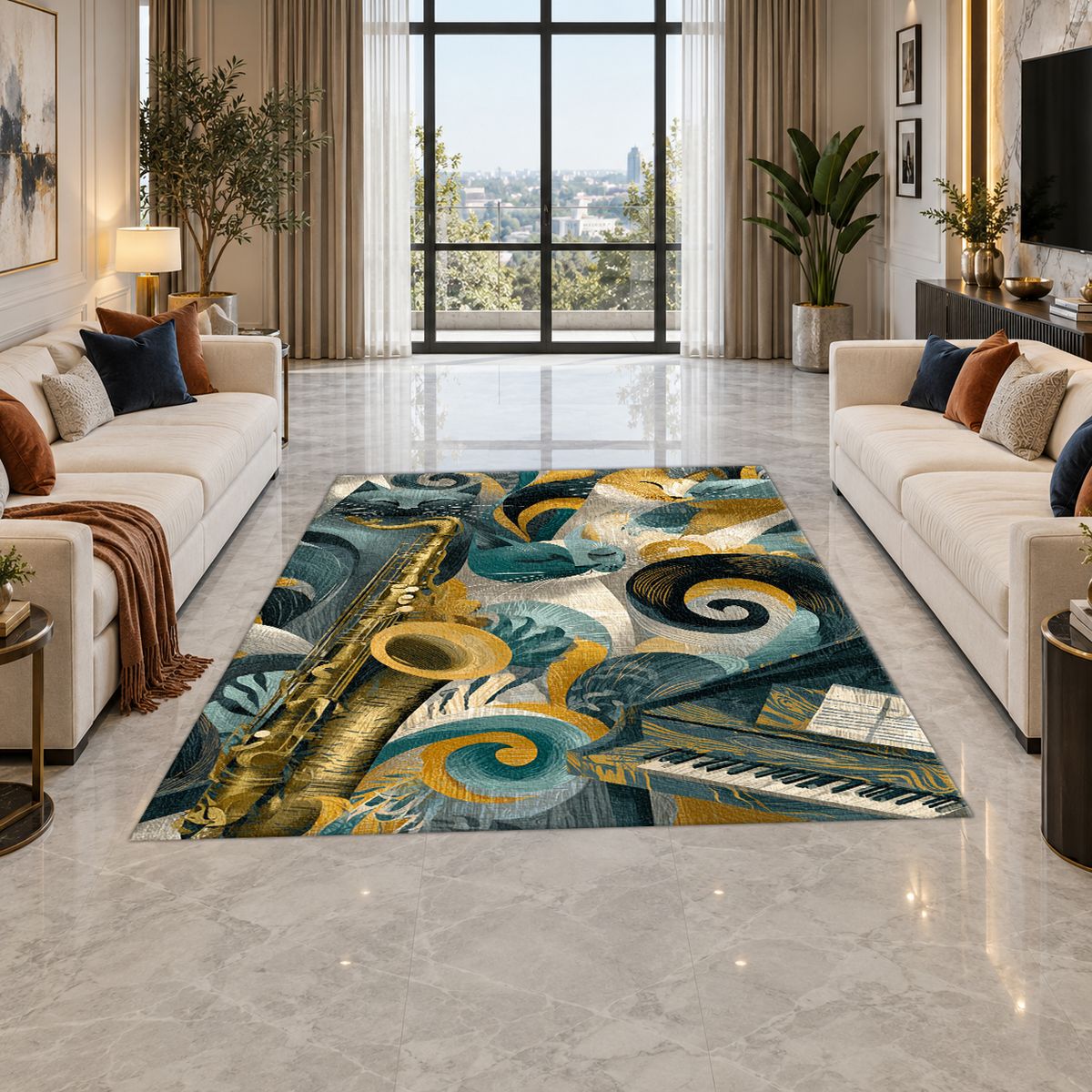 Jazz Music Instruments Abstract printed area rug