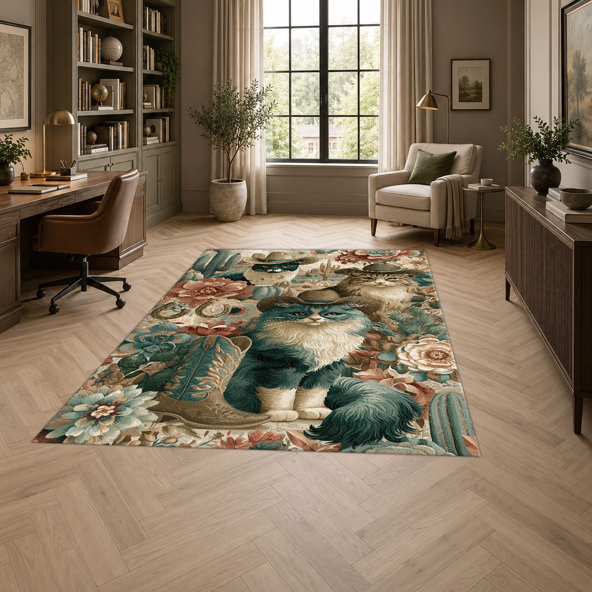 Cowboy Cats Western Floral printed area rug