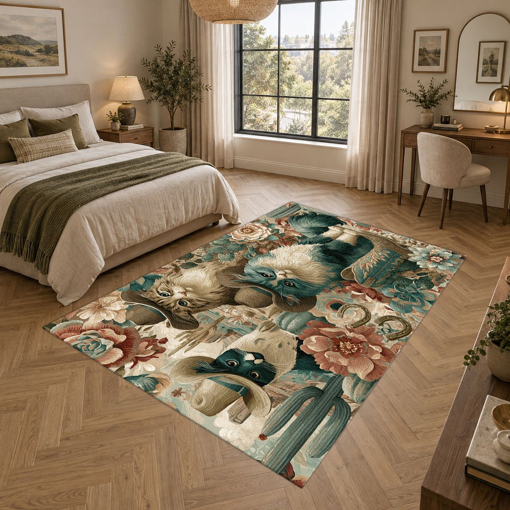 Cowboy Cats Western Floral printed area rug