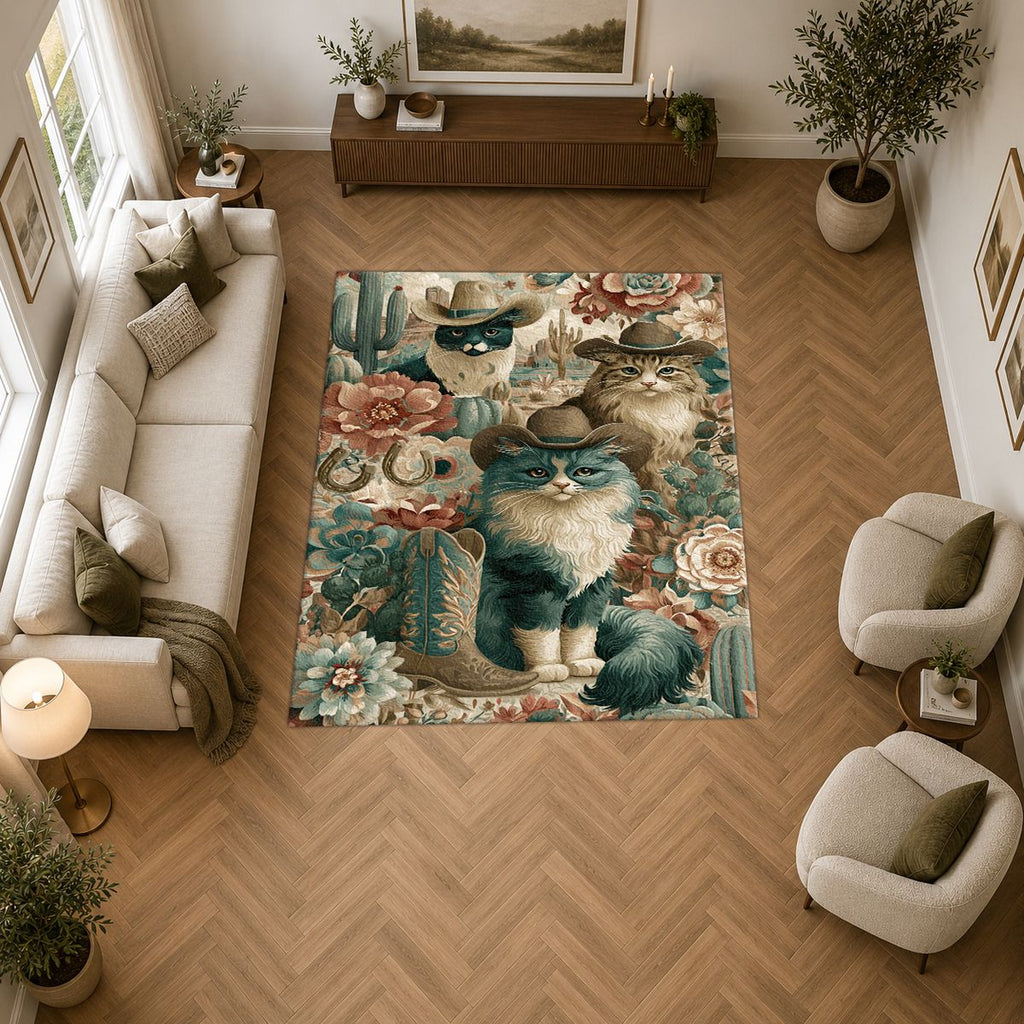 Cowboy Cats Western Floral printed area rug