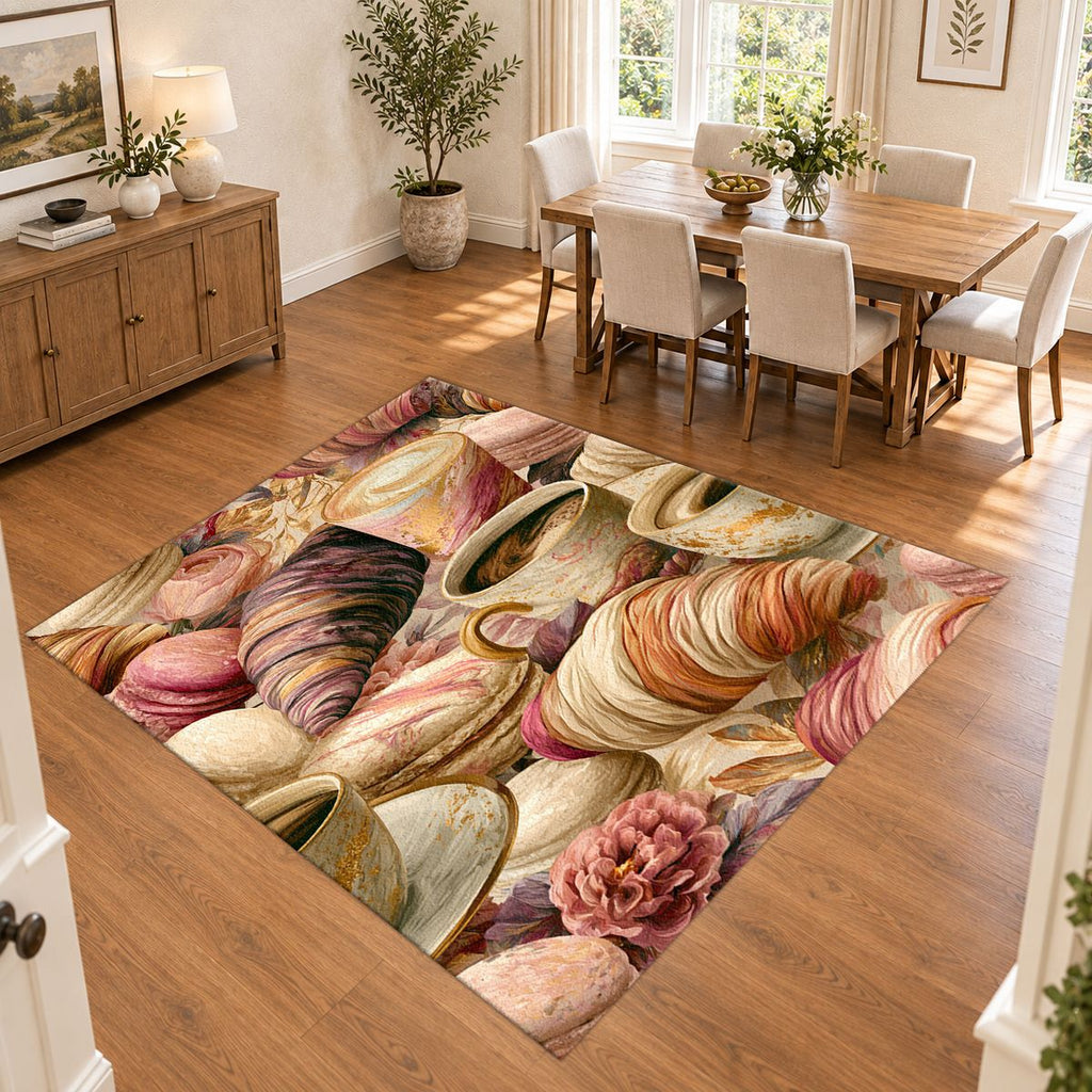 Croissant and Coffee Café Pattern printed area rug