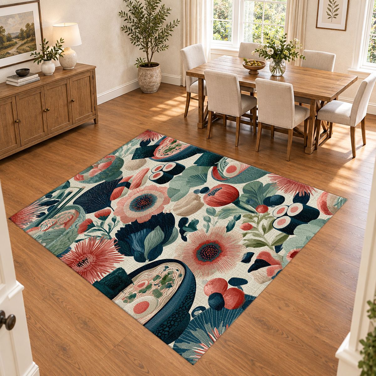 Sushi and Ramen Floral Pattern printed area rug
