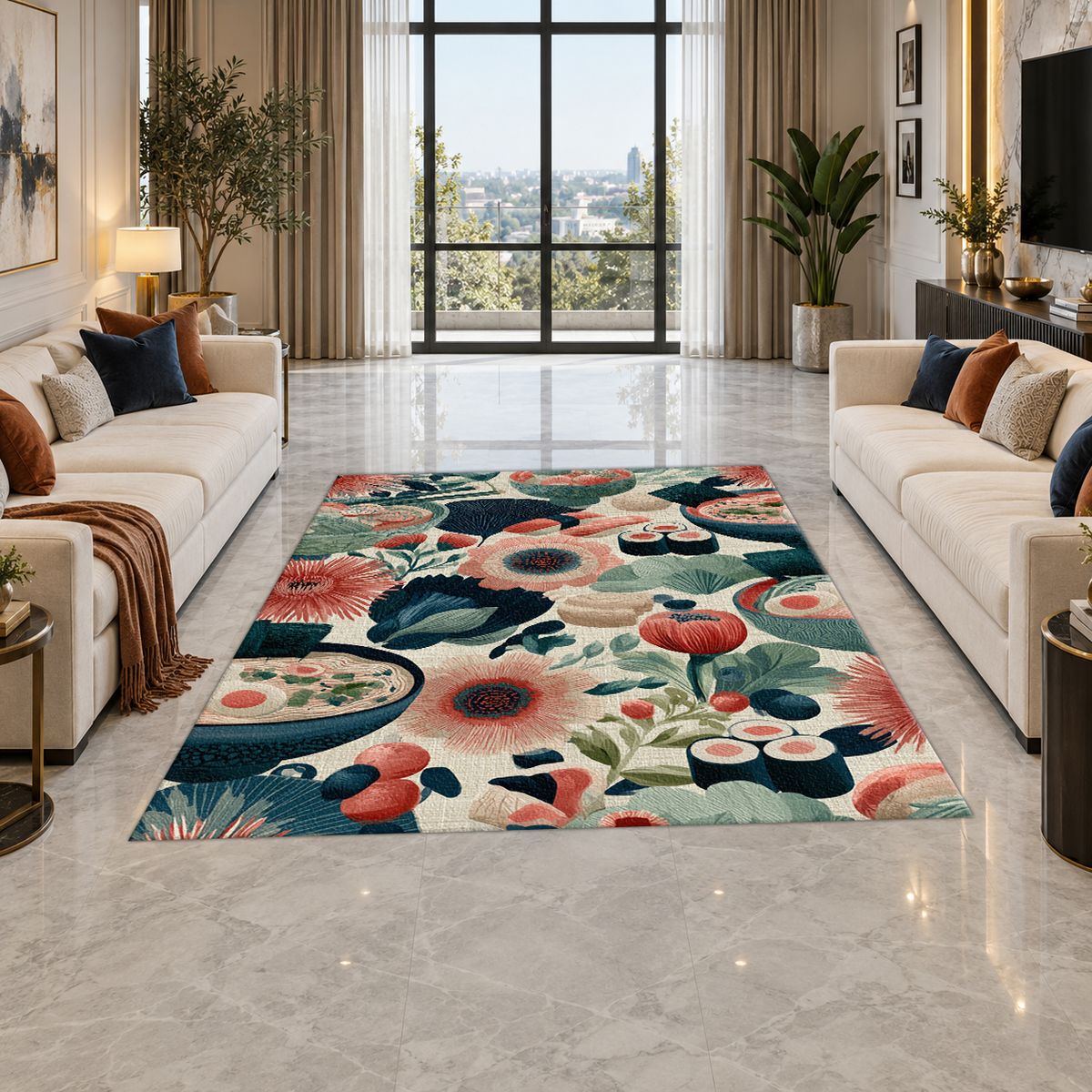 Sushi and Ramen Floral Pattern printed area rug