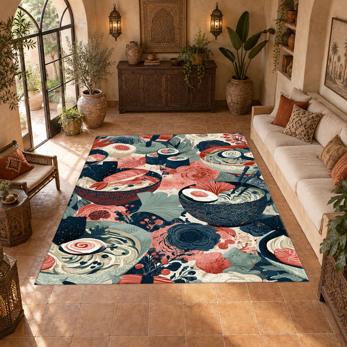 Japanese Food Bowls Pattern printed area rug