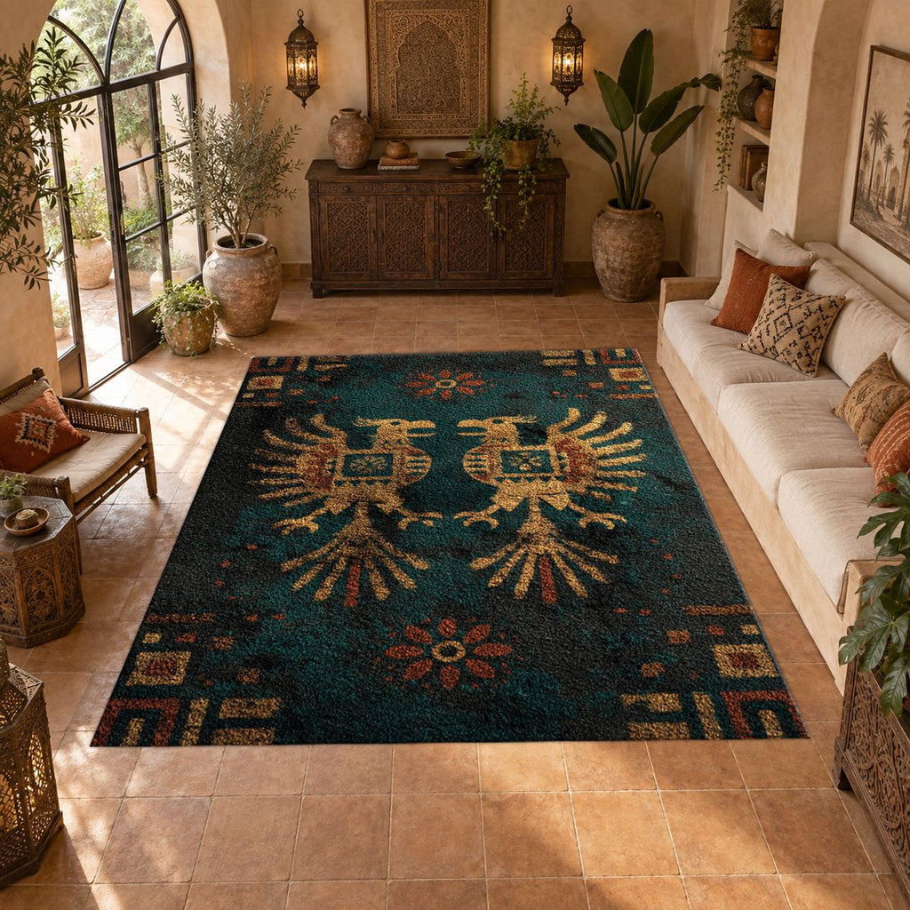 Dark Teal Double Eagle Crest printed area rug