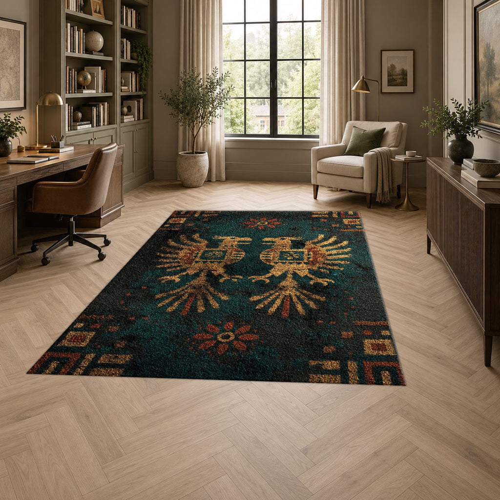 Dark Teal Double Eagle Crest printed area rug