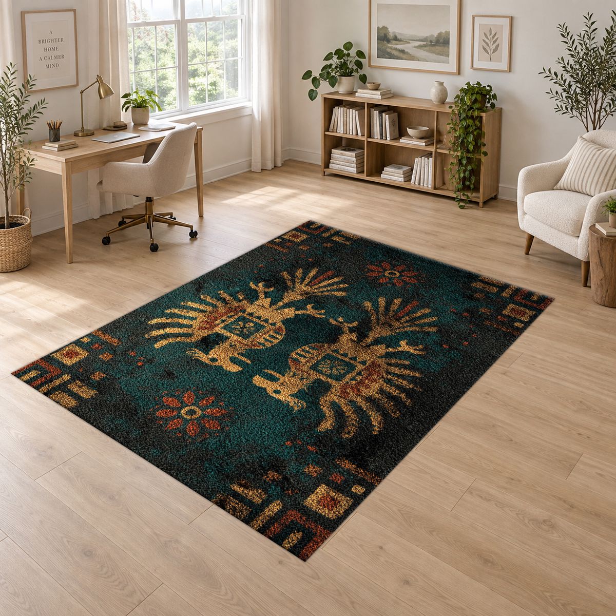 Dark Teal Double Eagle Crest printed area rug