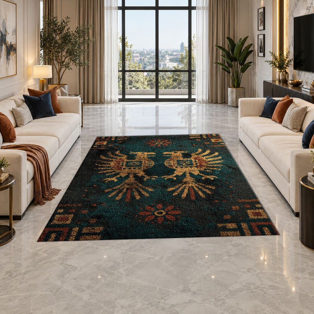 Dark Teal Double Eagle Crest printed area rug