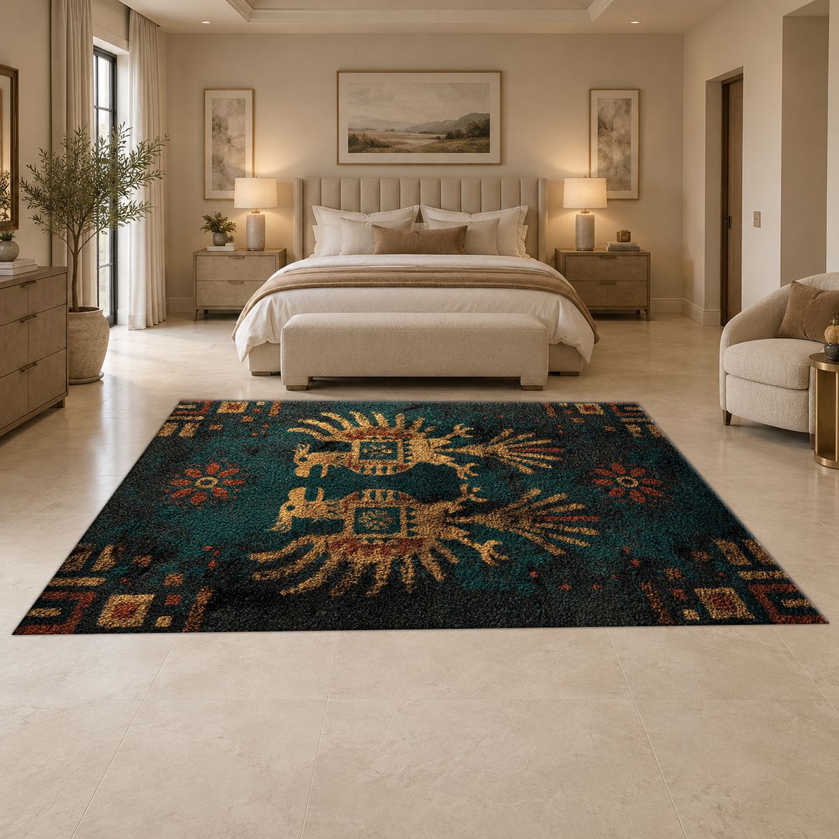 Dark Teal Double Eagle Crest printed area rug