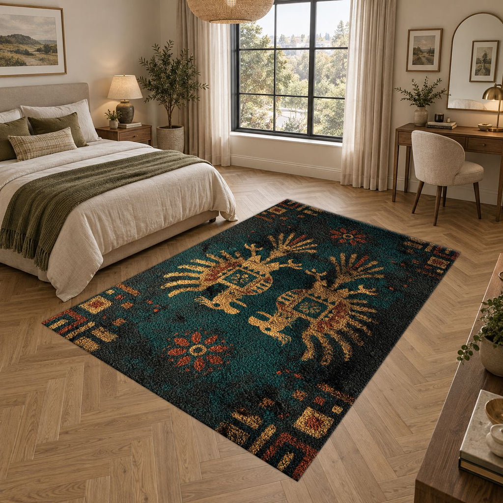 Dark Teal Double Eagle Crest printed area rug