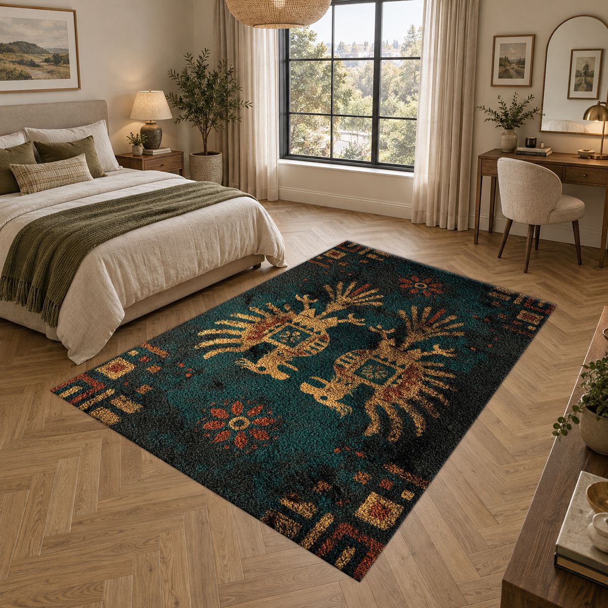 Dark Teal Double Eagle Crest printed area rug