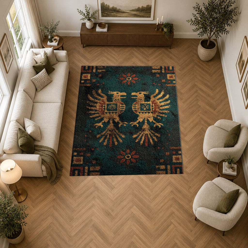 Dark Teal Double Eagle Crest printed area rug