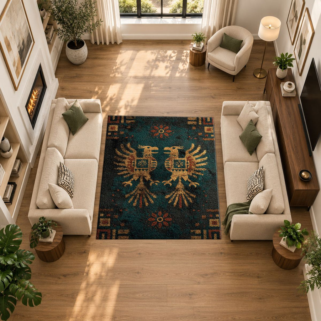 Dark Teal Double Eagle Crest printed area rug