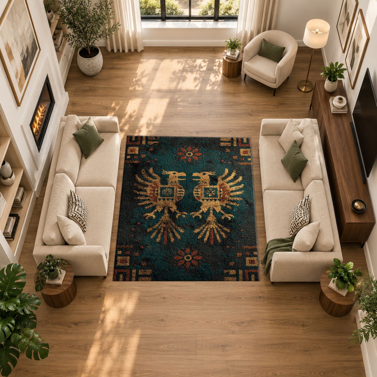 Dark Teal Double Eagle Crest printed area rug