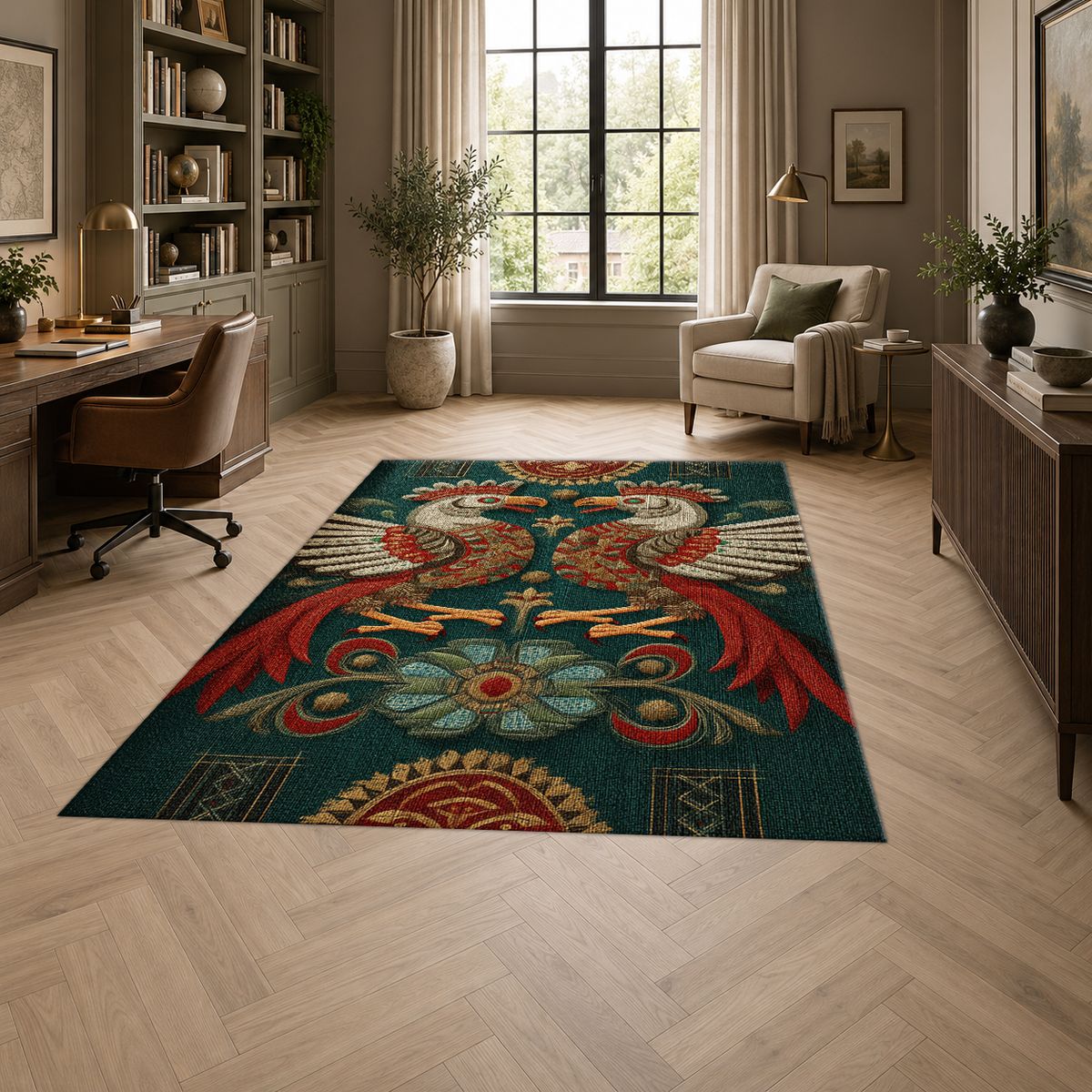 Teal Folk Art Roosters printed area rug