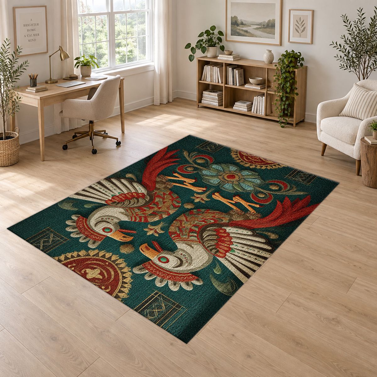 Teal Folk Art Roosters printed area rug