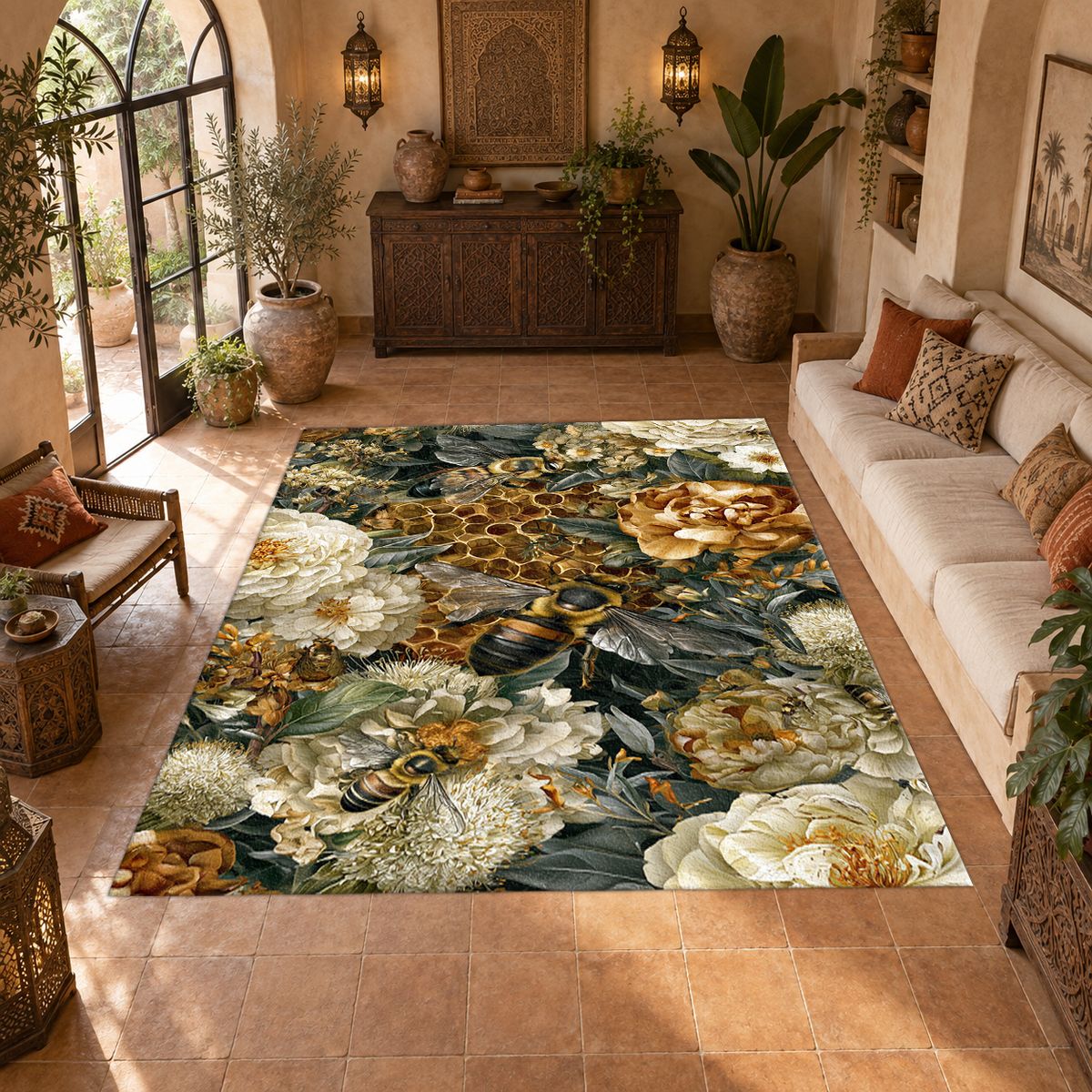 Gold Peony and Honeycomb printed area rug