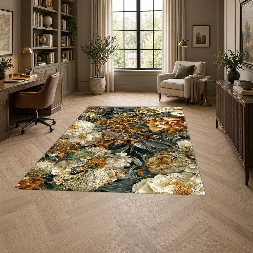 Gold Peony and Honeycomb printed area rug