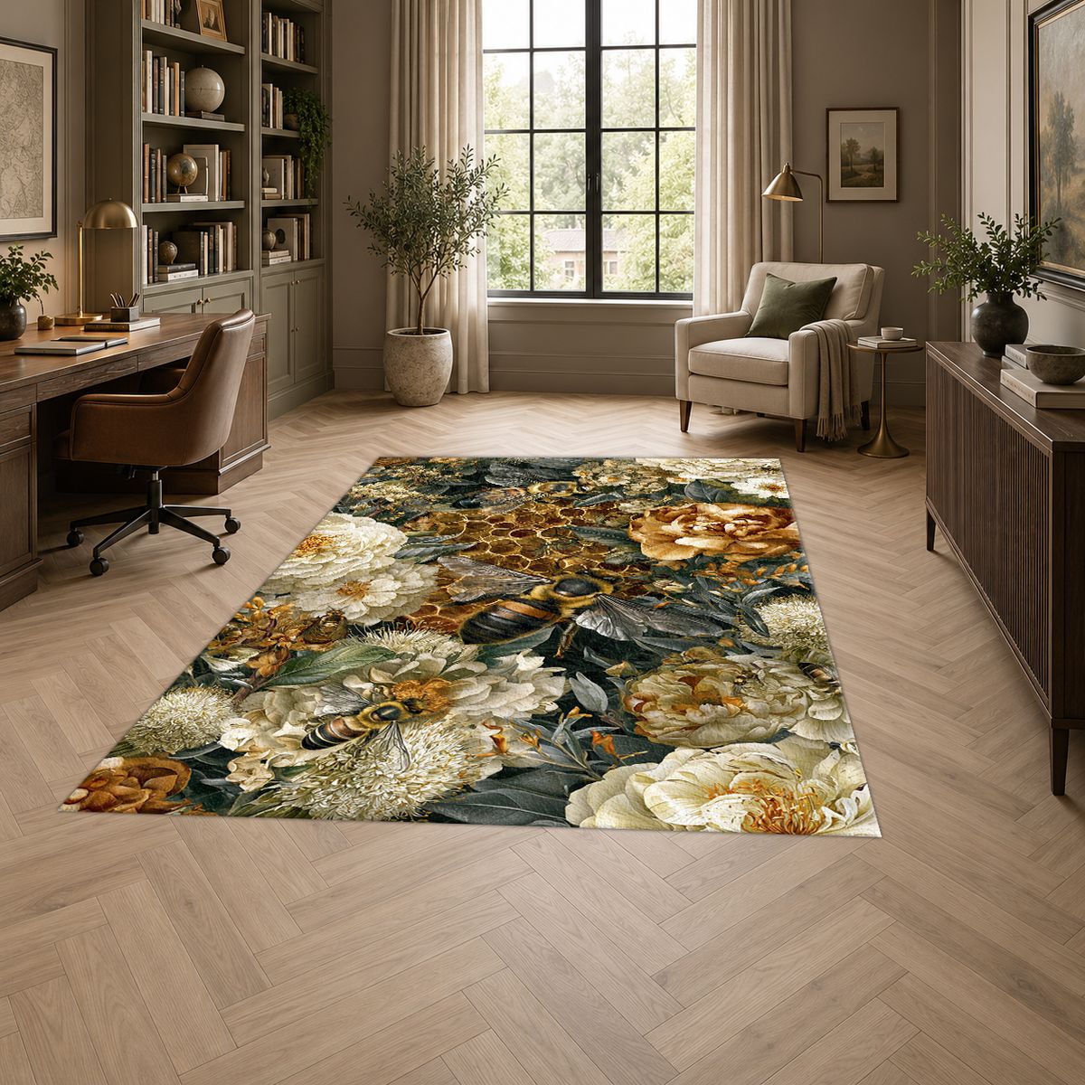 Gold Peony and Honeycomb printed area rug