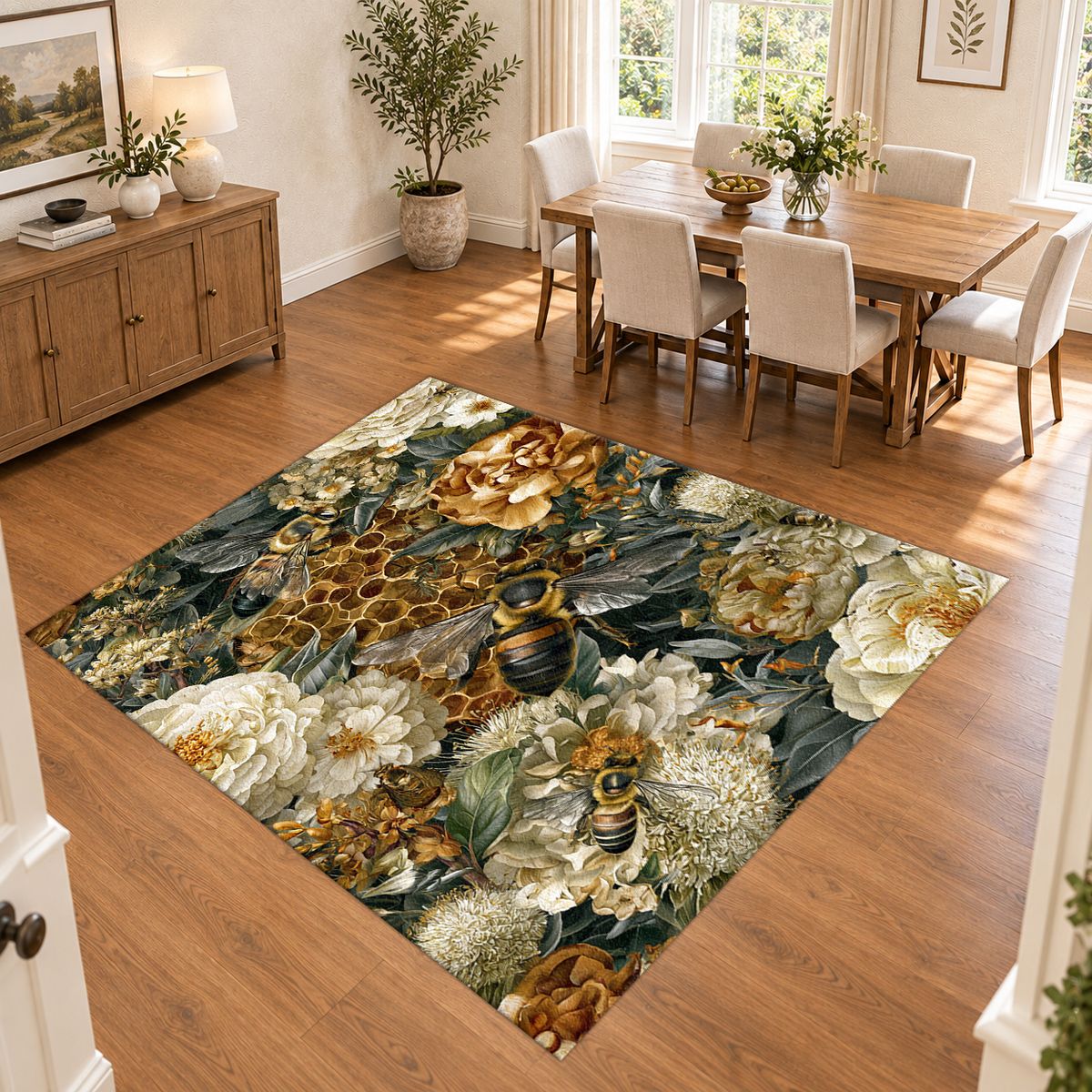 Gold Peony and Honeycomb printed area rug