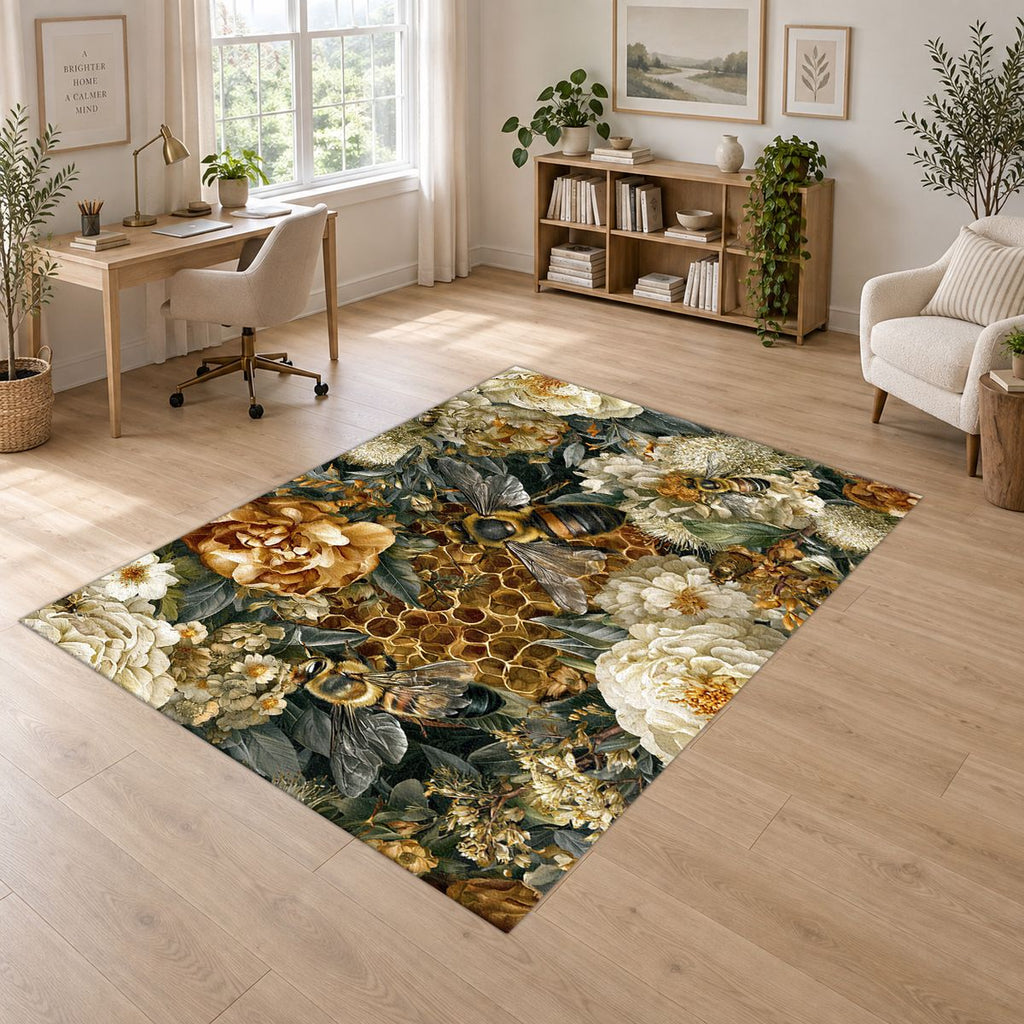 Gold Peony and Honeycomb printed area rug