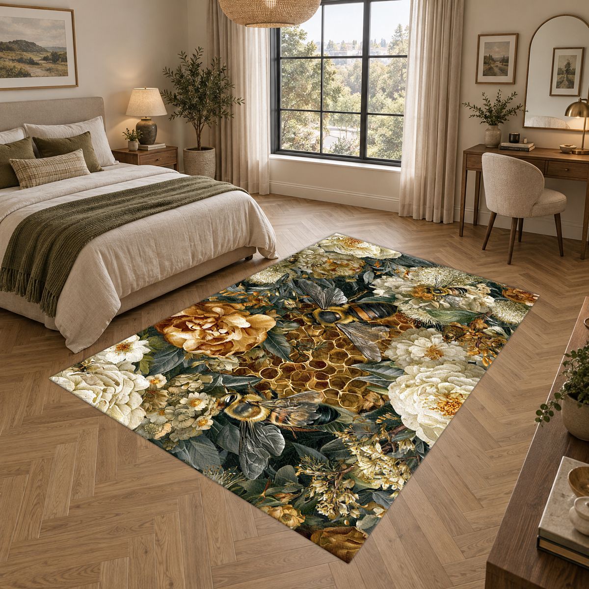 Gold Peony and Honeycomb printed area rug