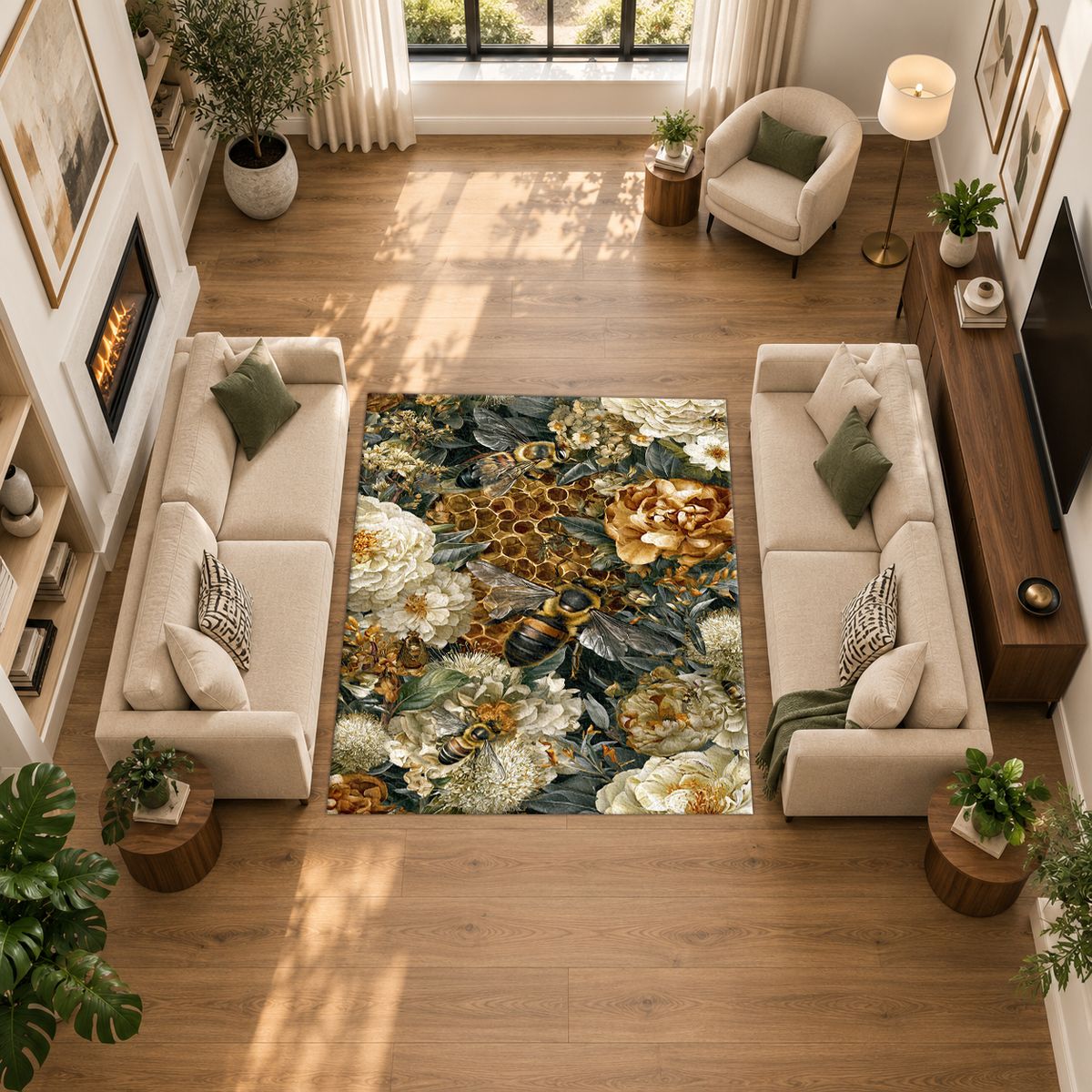 Gold Peony and Honeycomb printed area rug