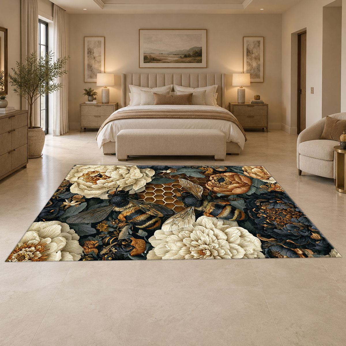 Peony Honeycomb Floral Dark printed area rug