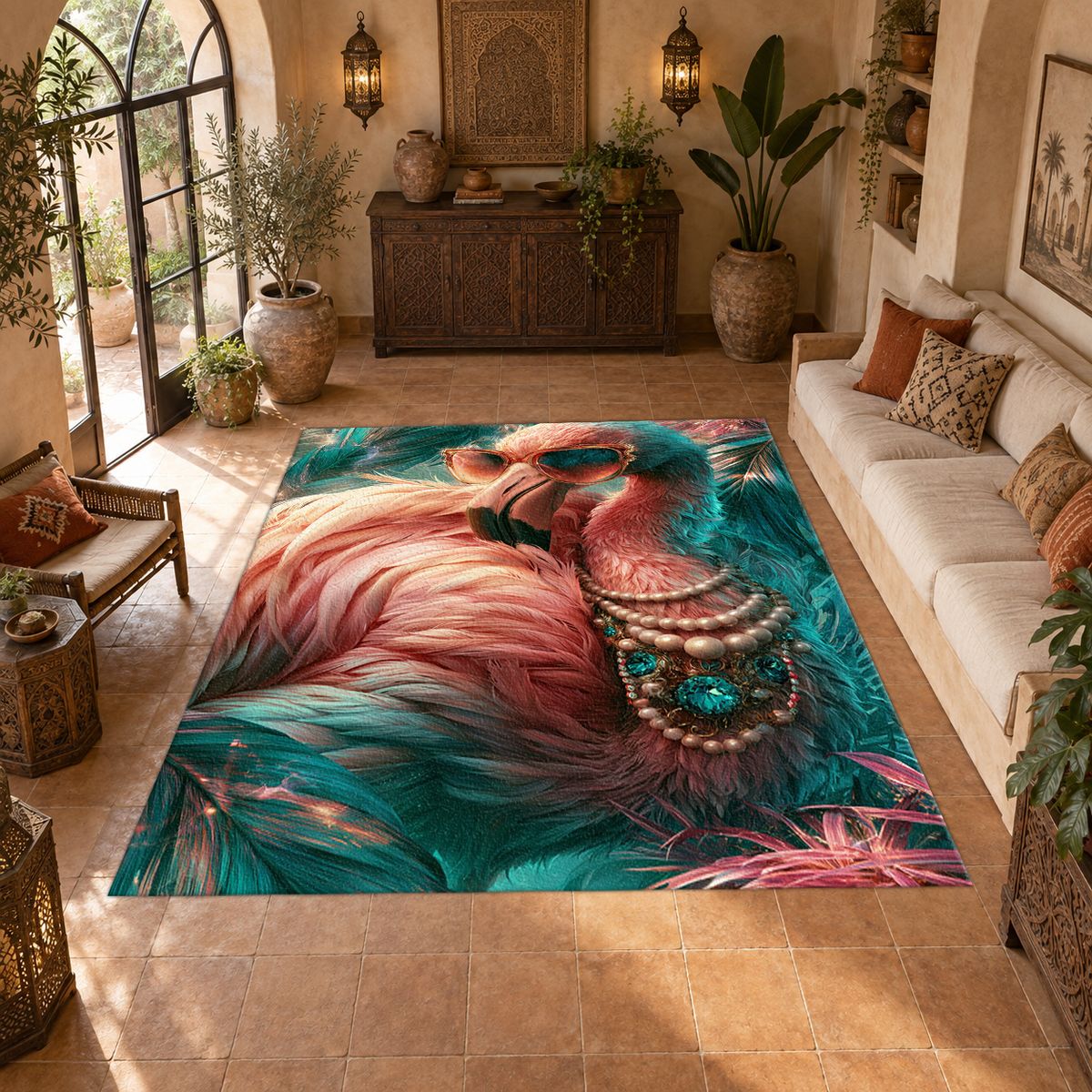Glamorous Pink Flamingo with Pearls printed area rug