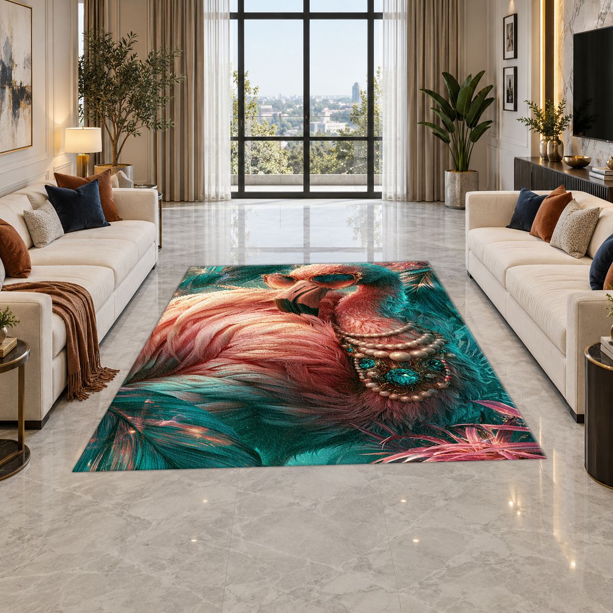 Glamorous Pink Flamingo with Pearls printed area rug